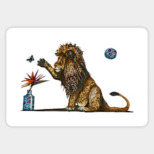 Lion with Strelitzia, butterfly and shweshwe patterns Magnet